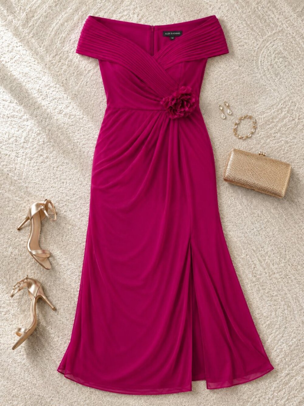 Alex Evenings Magenta Rosette Embellished Gown Trim Slit Front Maxi Dress NWT